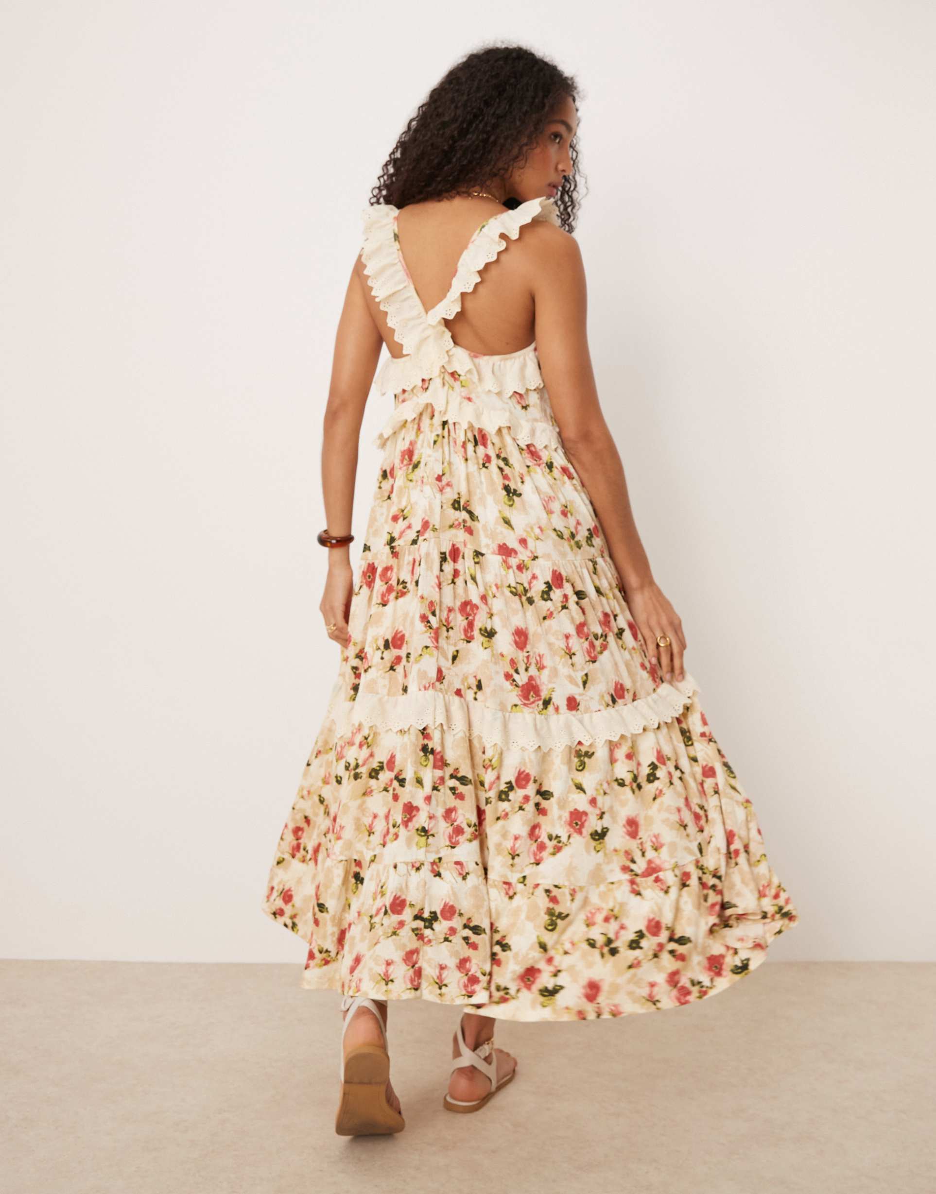 asos design lace insert ruffle tiered maxi swing dress in vintage floral print