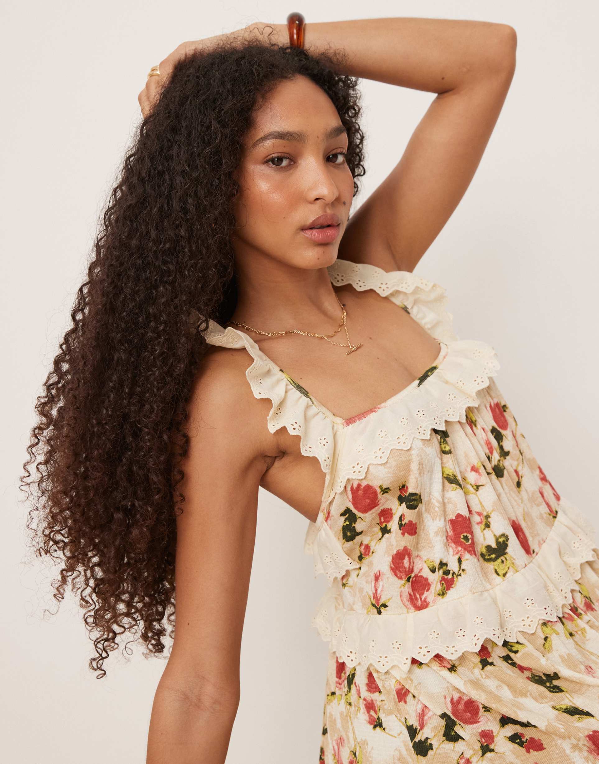 asos design lace insert ruffle tiered maxi swing dress in vintage floral print