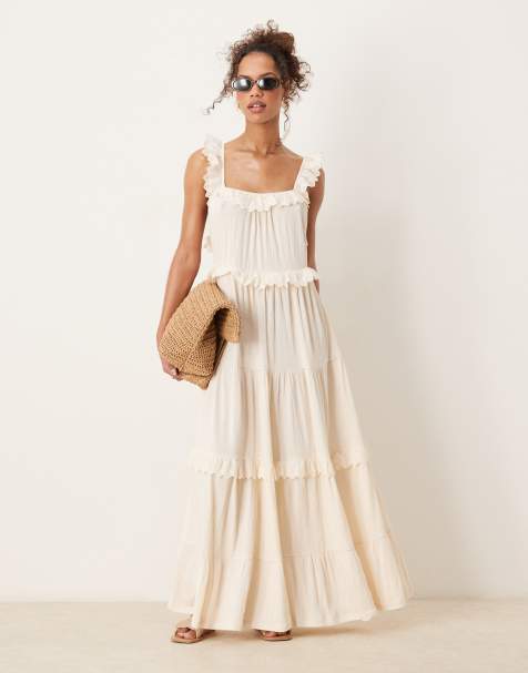 ASOS DESIGN lace insert ruffle tiered swing maxi dress in white - view 1
