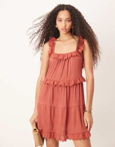 ASOS DESIGN lace insert ruffle tiered swing mini dress in rust - view 1