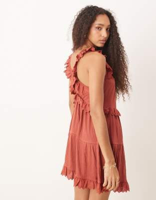 ASOS DESIGN lace insert ruffle tiered swing mini dress in rust