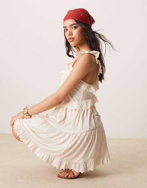 ASOS DESIGN lace insert ruffle tiered swing mini dress in white - view 1