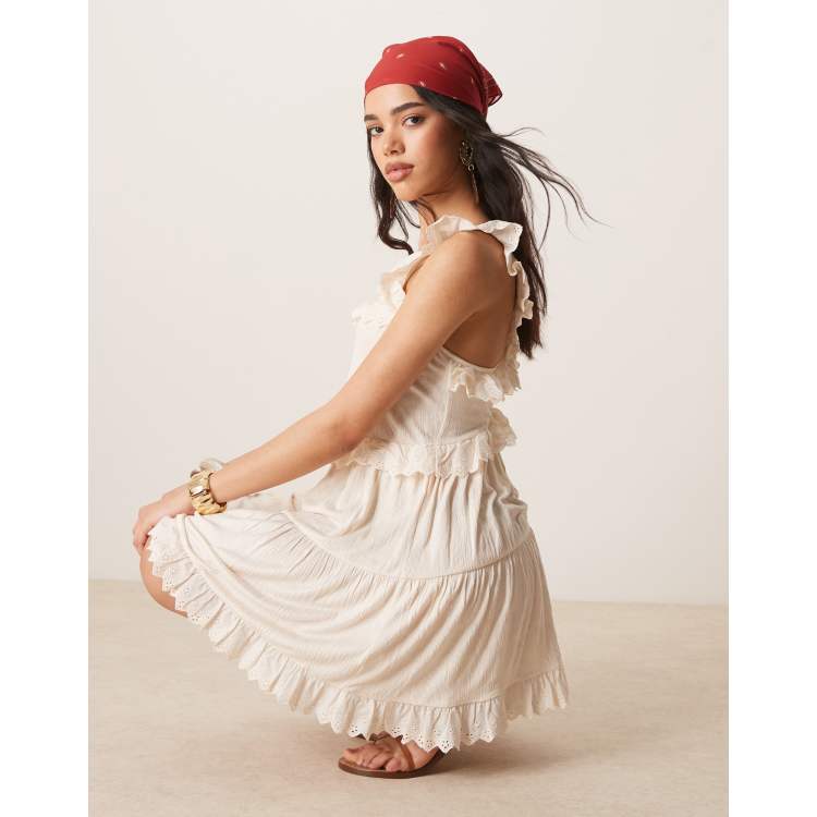 ASOS Design lace insert ruffle tiered swing mini dress in White