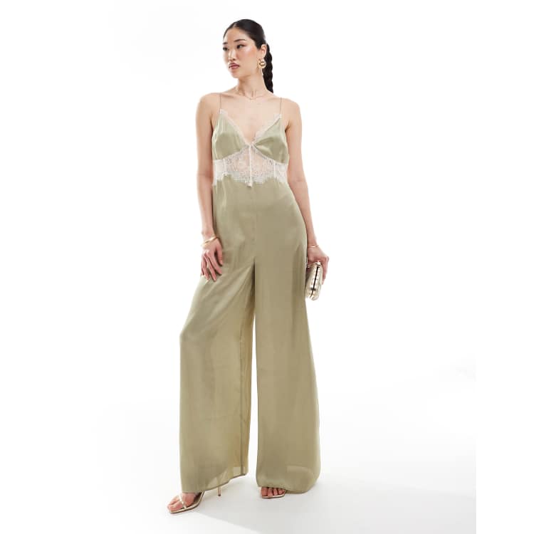 Khaki satin jumpsuit on sale