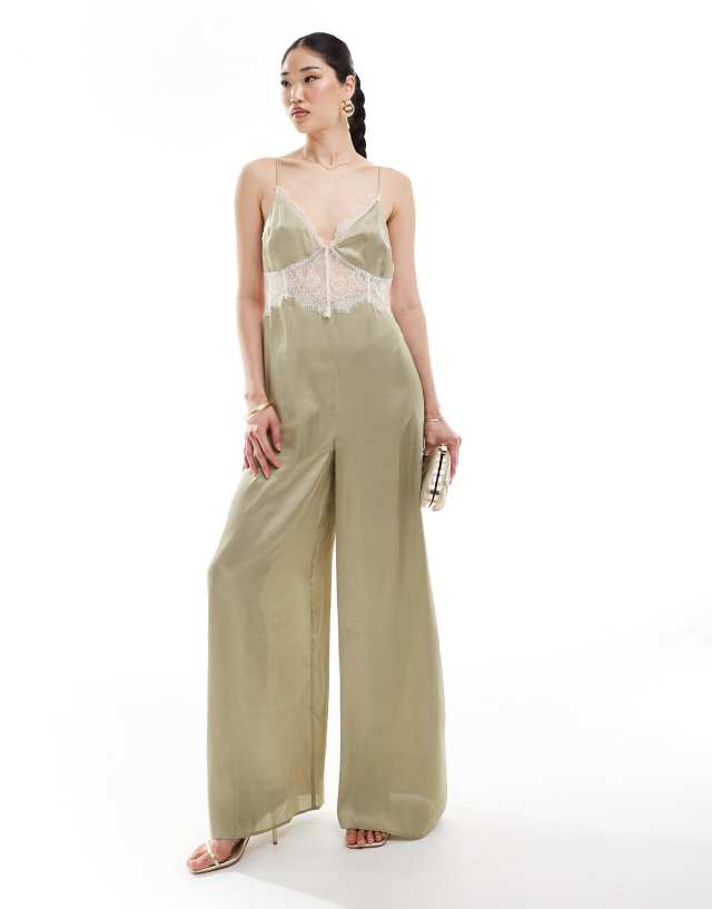 ASOS DESIGN - lace insert satin cami jumpsuit in khaki