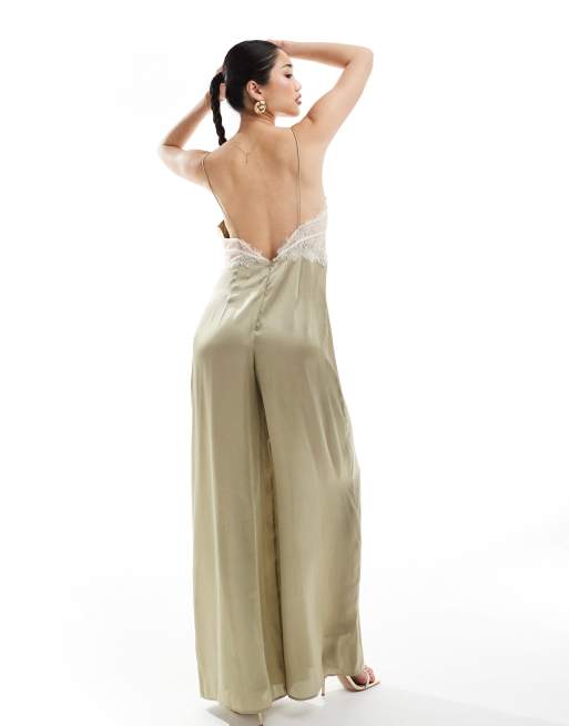 Khaki satin jumpsuit clearance
