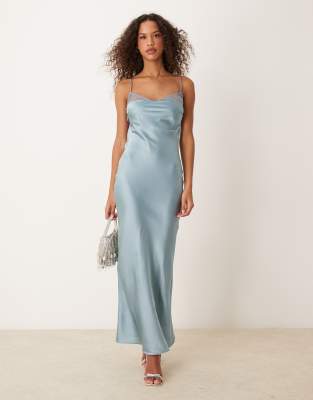 Asos Design Lace Insert Satin Maxi Dress With Tie Back In Blue
