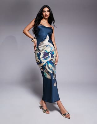 Asos Design Lace Insert Satin Maxi Dress With Tie Back In Blue
