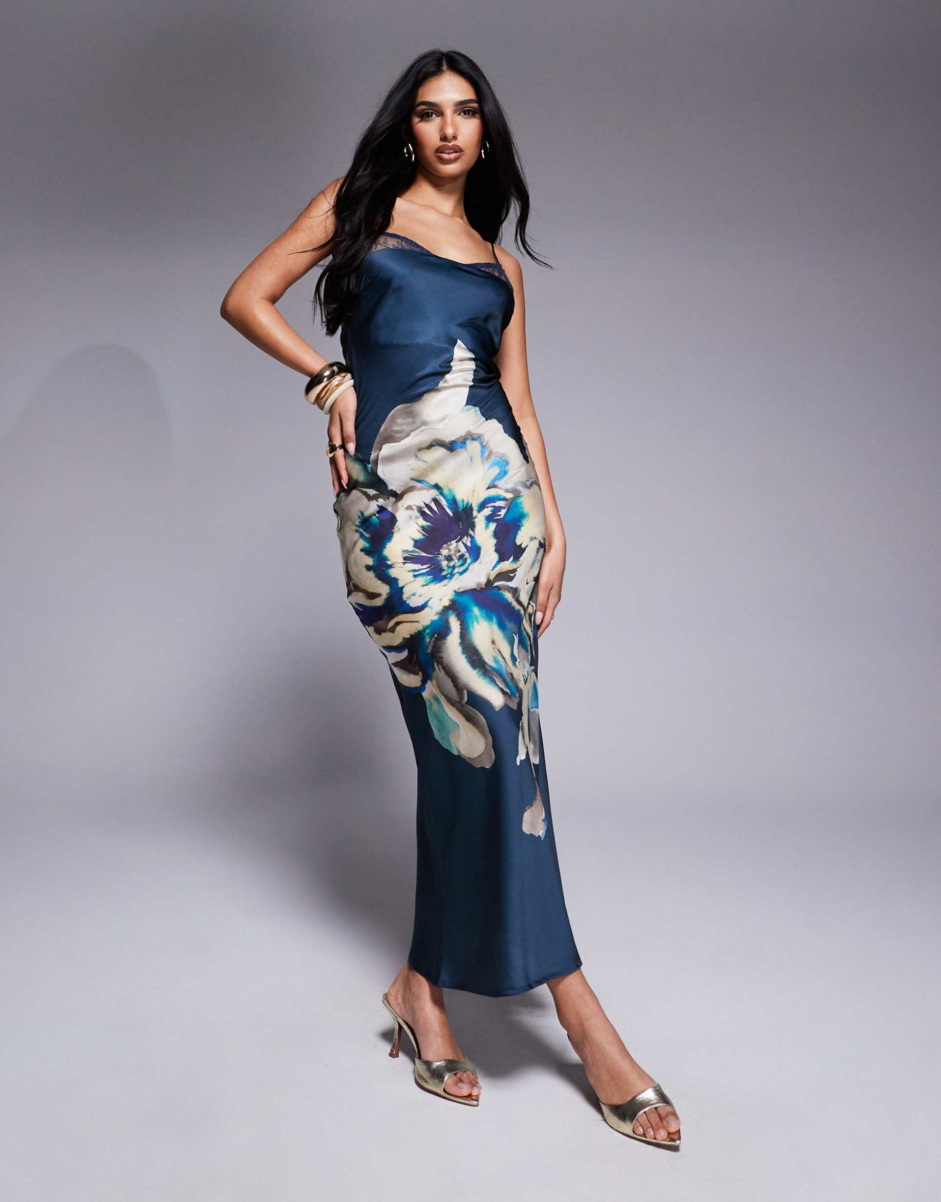 asos design lace insert satin maxi dress with tie back in overblown floral print