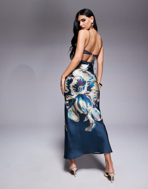ASOS DESIGN lace insert satin maxi dress with tie back in overblown floral print