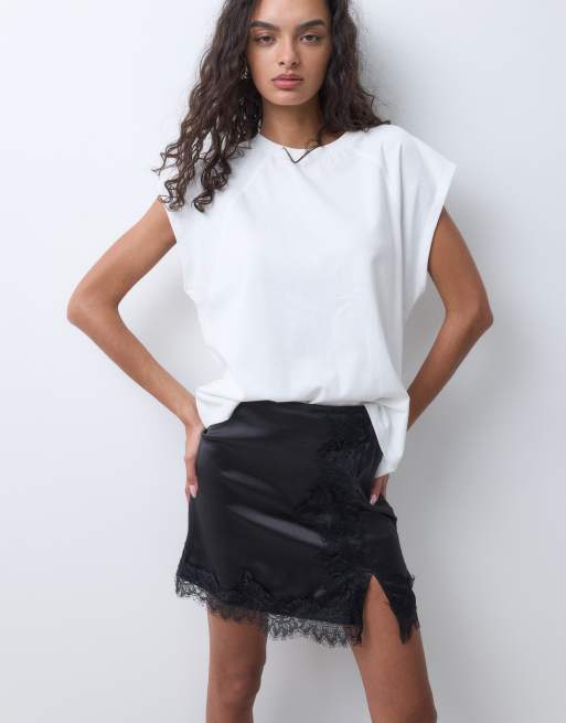 ASOS DESIGN lace insert satin mini skirt in black, 5 of 5