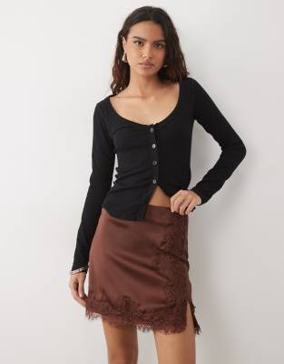 Asos Design Lace Insert Satin Mini Skirt In Brown