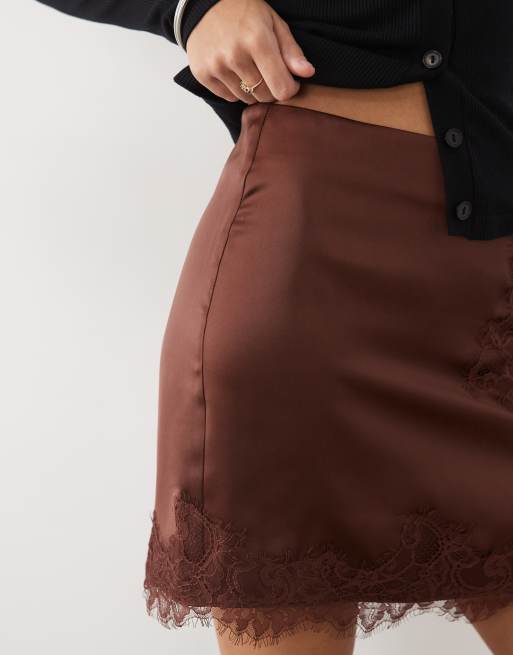 ASOS DESIGN lace insert satin mini skirt in chocolate, 4 of 5