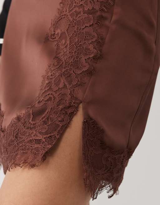 ASOS DESIGN lace insert satin mini skirt in chocolate, 5 of 5