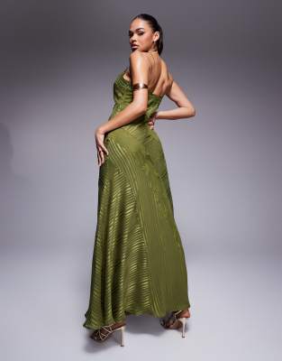 Asos Design Lace Insert Satin Stripe Paneled Maxi Dress In Green