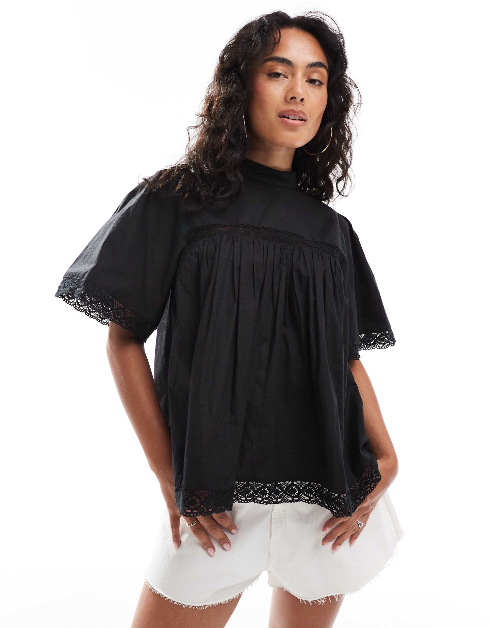 asos design lace insert smock top in black