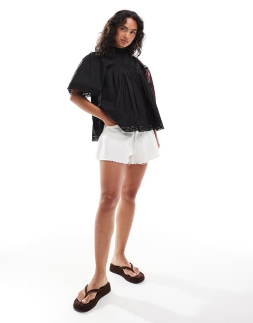 ASOS DESIGN lace insert smock top in black