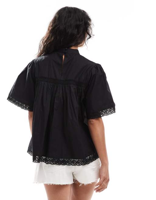 ASOS DESIGN lace insert smock top in black
