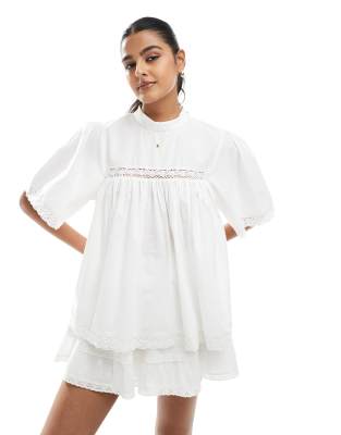 Asos Design Lace Insert Smock Top In White