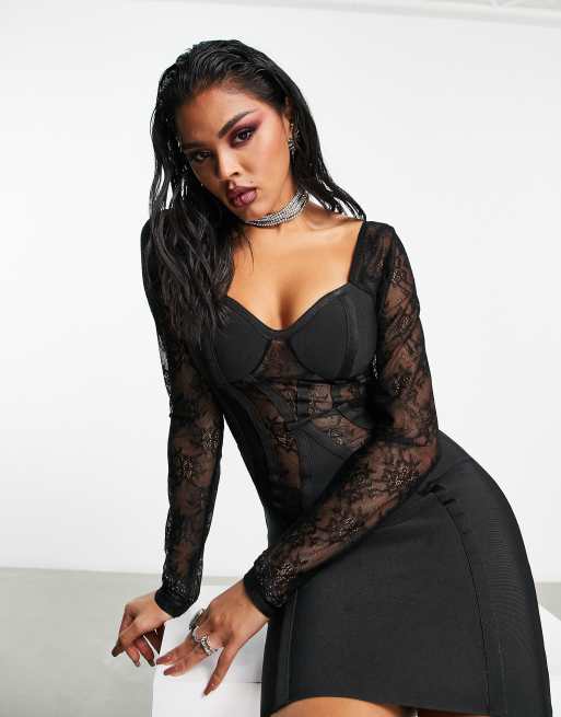 ASOS DESIGN lace insert taped bandage mini dress in black