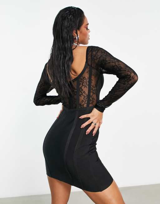 Black Bandage Mesh Insert Corset Bodycon Dress