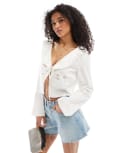 [ASOS DESIGN] ASOS DESIGN lace insert tie front collar blouse in ivory-White M Ivory