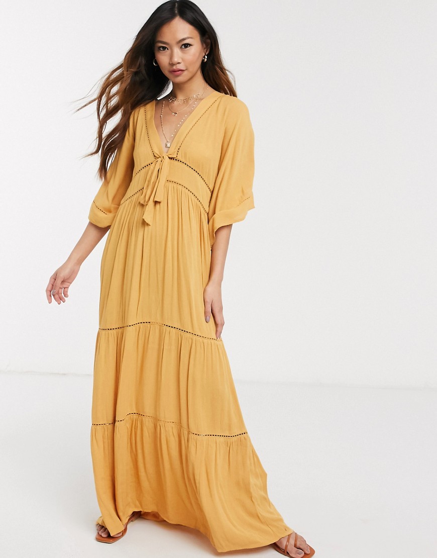 Asos Design Lace Insert Tie Front Maxi Dress With Kimono Sleeve In Mustard-yellow