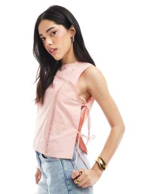 Asos Design Lace Insert Tie Side Top In Pink