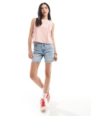 Asos Design Lace Insert Tie Side Top In Pink