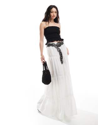ASOS DESIGN lace insert tiered boho maxi skirt in white - view 1