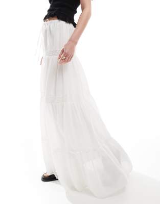 Asos Design Lace Insert Tiered Boho Maxi Skirt In White