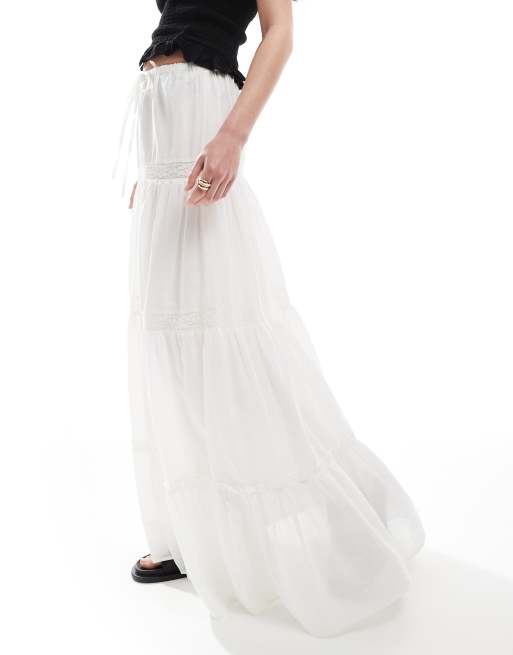 ASOS DESIGN lace insert tiered boho maxi skirt in white