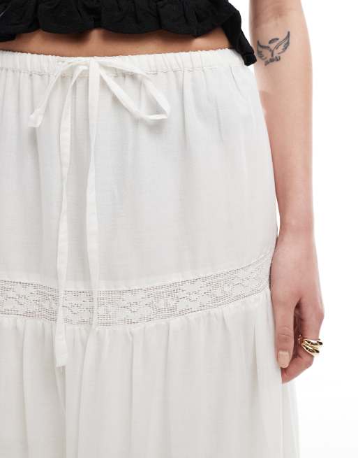 ASOS DESIGN lace insert tiered boho maxi skirt in white