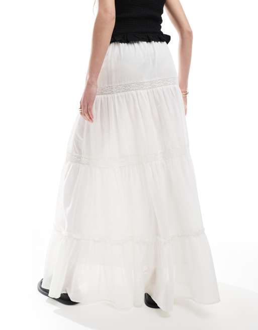 ASOS DESIGN lace insert tiered boho maxi skirt in white