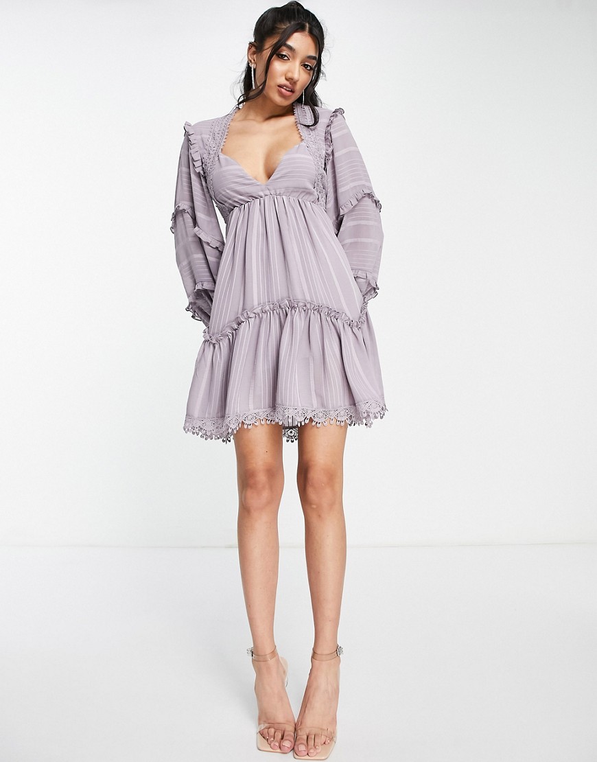 Asos Design Lace Insert Tiered Mini Dress With Trim Detail-purple