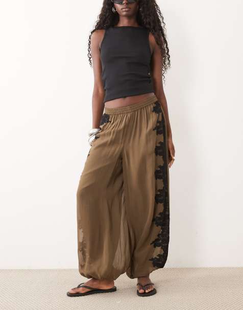 ASOS DESIGN lace insert trousers in olive - view 1