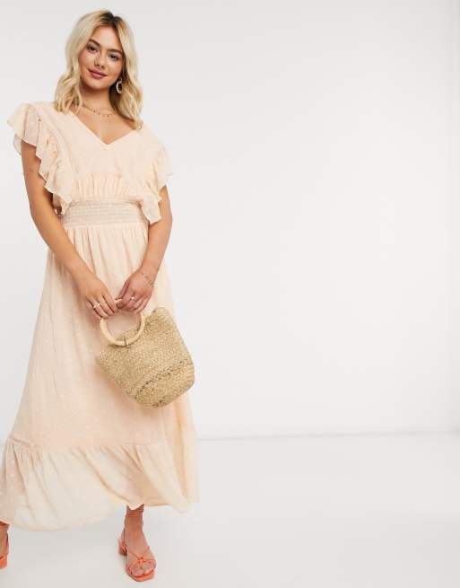 ASOS DESIGN lace insert v front v back maxi dress in crinkle dobby in peach