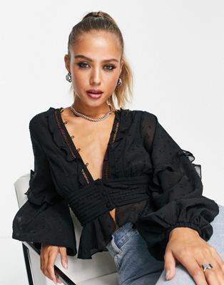 ASOS DESIGN lace insert v neck blouse with volume sleeve and frill detail in black - ASOS Price Checker