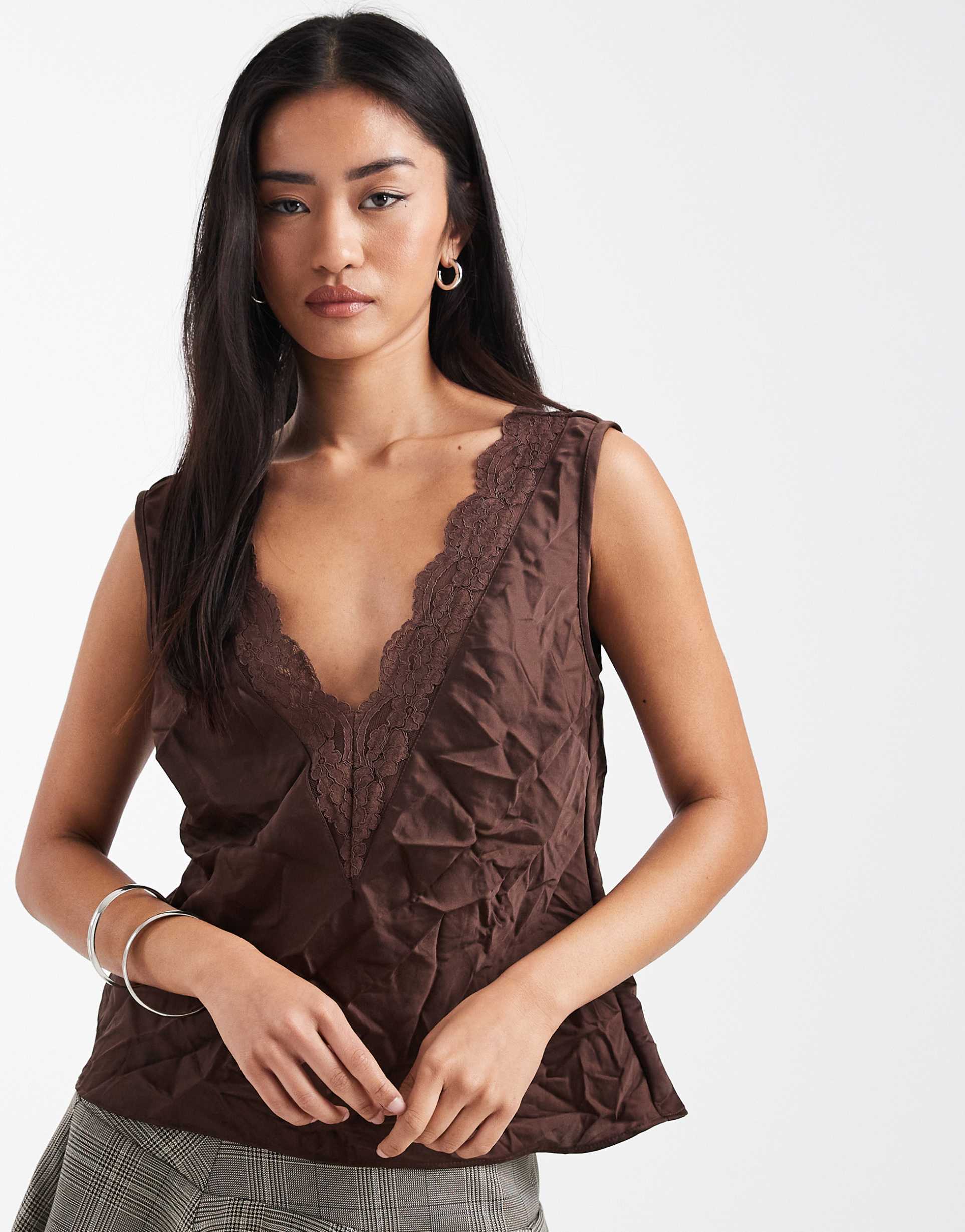 asos design lace insert v-neck crushed satin cami top in brown