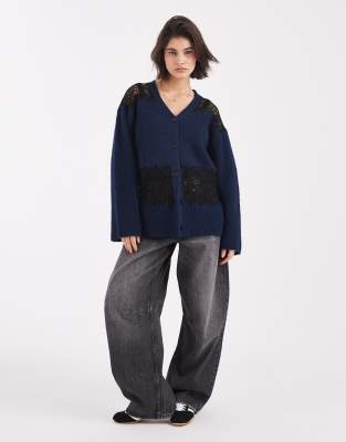 Asos Design Lace Inserts Boyfriend Cardigan In Blue
