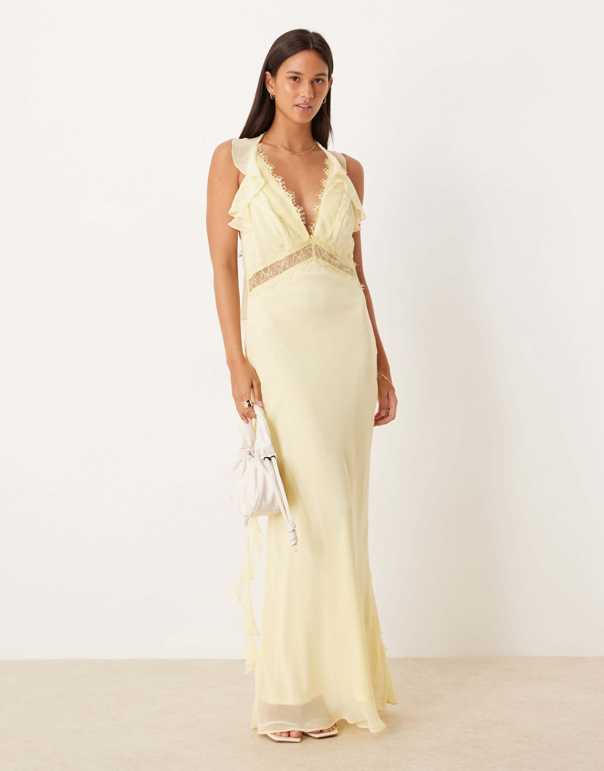 asos design lace inserts chiffon midi slip dress in lemon