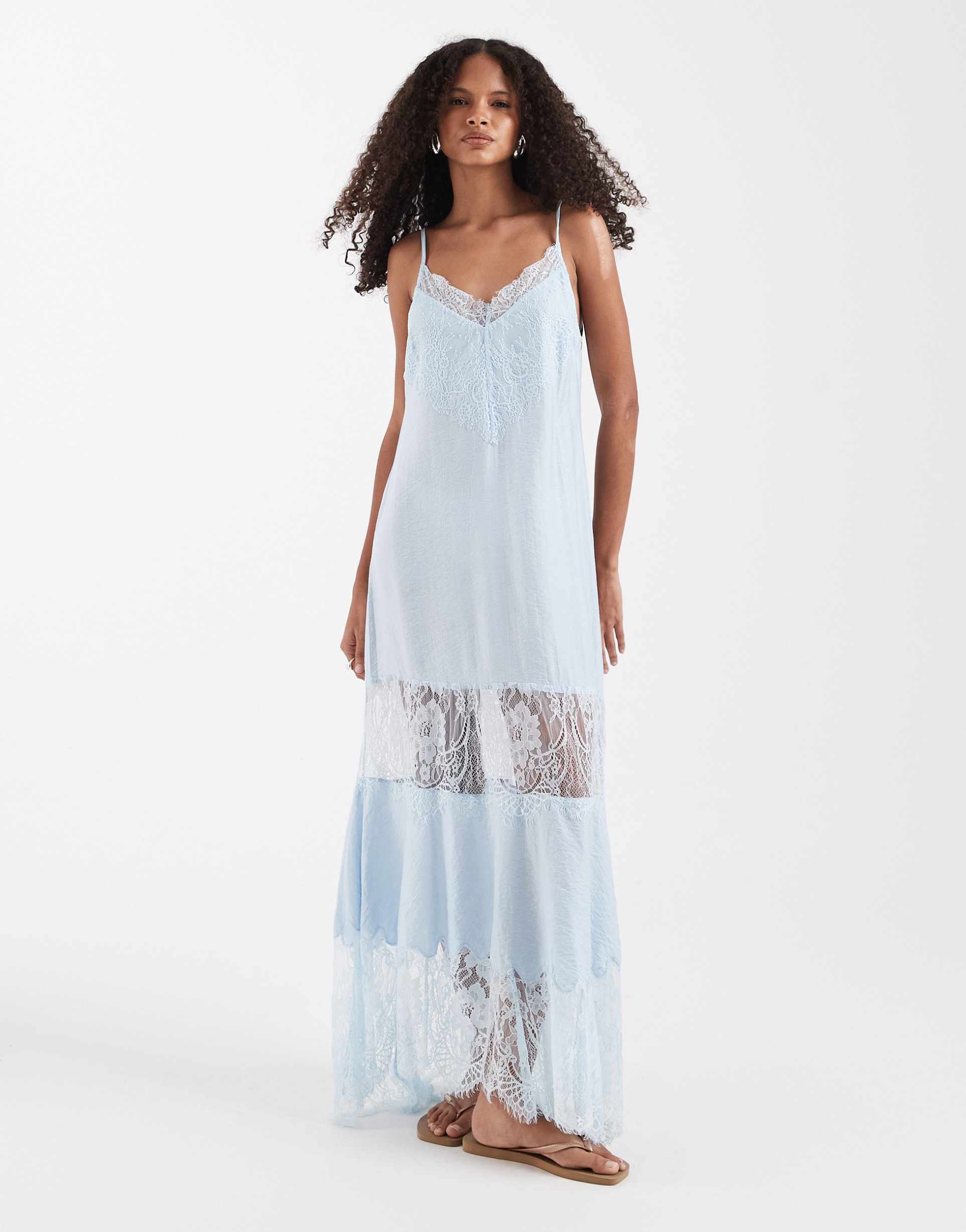 asos design lace inserts handkerchief hem maxi dress in blue