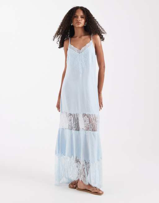 ASOS Design lace inserts handkerchief hem maxi dress in blue