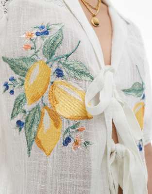 Asos Design Lace Inserts Shirt With Lemon Embroidery Details-multi
