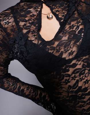 asos design lace keyhole flared sleeve top in black