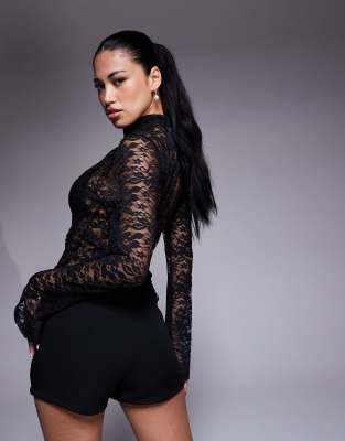 asos design lace keyhole flared sleeve top in black