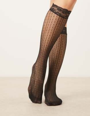 Asos Design Lace Knee High Socks With Frill Edge In Blue