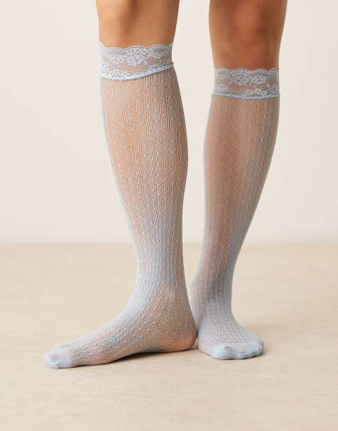ASOS DESIGN lace knee high socks with frill edge in light blue - view 1