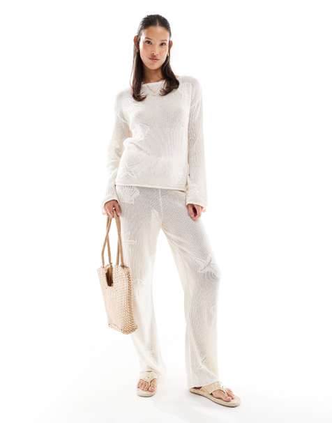 ASOS DESIGN lace knit slash neck top and trouser with shell motif in ecru - view 1