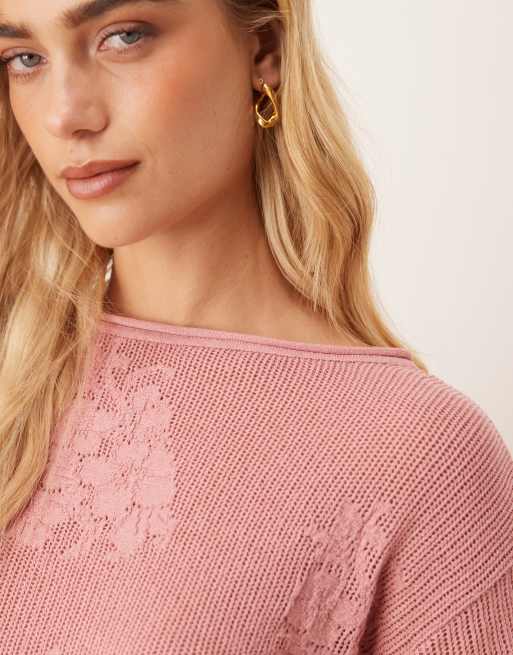 ASOS DESIGN lace knit slouchy jumper in dusty pink, 2 of 4
